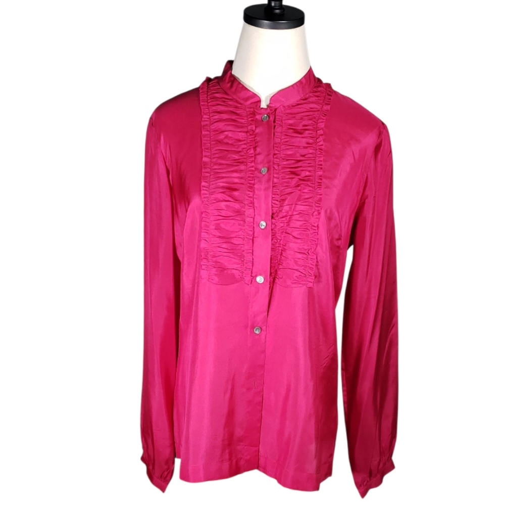 Silk Tunic Blouse Top Rouched Pleated Bodice Mockneck Collar Refined Elegant M
